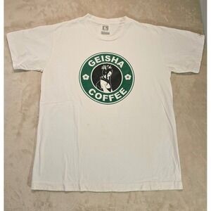 Geisha Coffee Graphic T-Shirt White Green Logo Adult Large Cotton Streetwear Tee